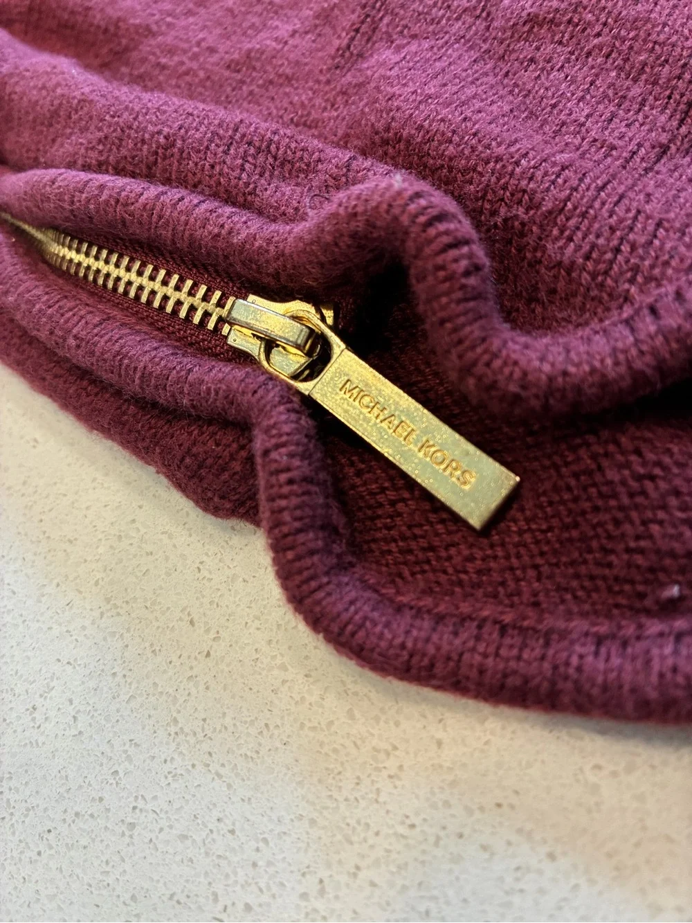 Michael Kors Womens Burgundy Knit Crewneck Pullover Sweater Logo Zip Accent L